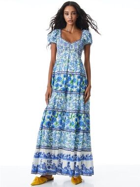Alice+Olivia BLUE PANSY ROSALYN PUFF SLEEVE MAXI DRESS Size 2